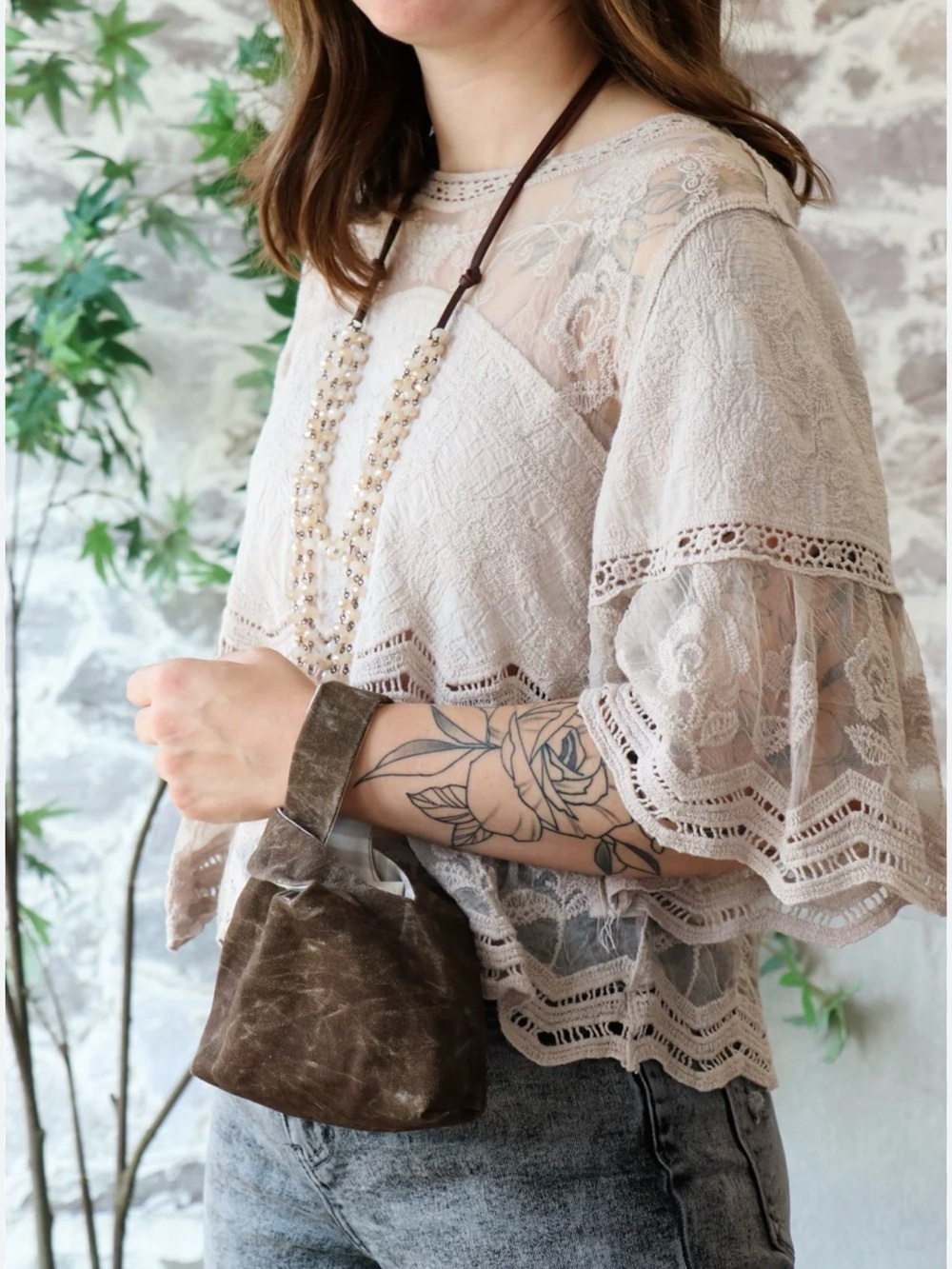 Rebellion Sheer Lace Blouse Tan Medium EUC